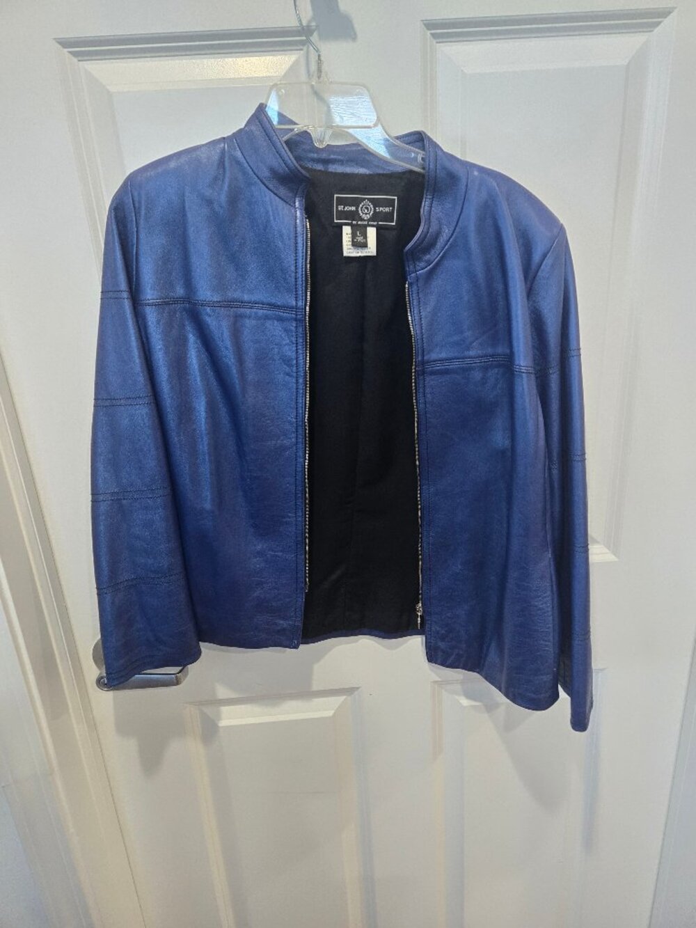 St. John Sport by Marie Gray Blue Leather Italian Jacket Size Large